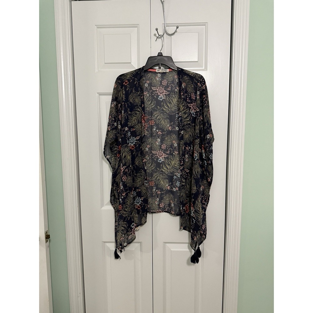 Jolt Blue Floral Tasseled‎ Trimmed Medium Sheer Cardigan Boho Duster Women's